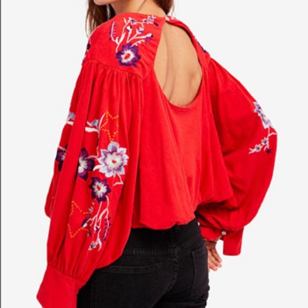 Free people embroidered blouse with balloon sleeves and keyhole back